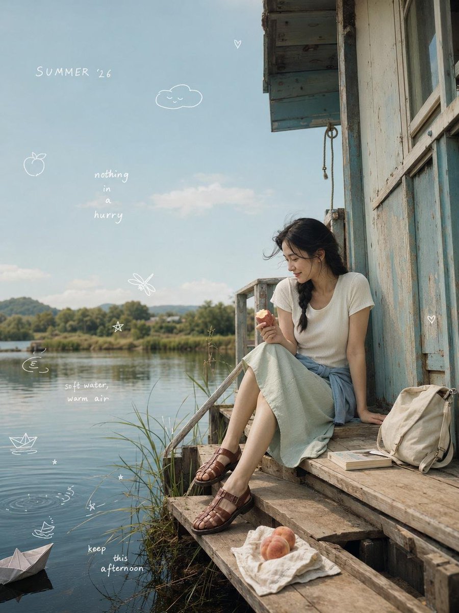 一张极致真实的电影感梦幻生活方式照片，庆祝 “SUMMER ’26”（2026年夏日），画面中一位年轻的韩国女性独自坐在一座褪色珊瑚粉色复古救生塔的上层平台上，背景是一片宁静的海滨沙滩，以近距...