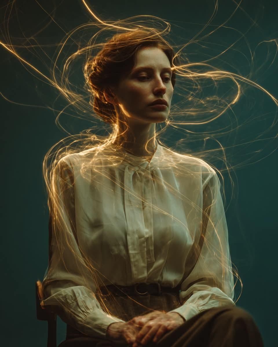 一幅电影感的艺术人像：一位神情宁静的年轻女子坐在极简木质椅子上，背景为深青色无缝摄影棚布幕，身着剪裁精致的优雅象牙色真丝上衣与高腰长裤，表情平静...