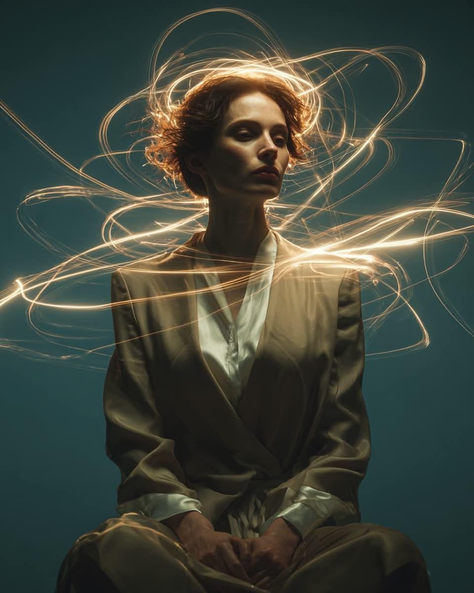 一幅电影感的艺术人像：一位神情宁静的年轻女子坐在极简木质椅子上，背景为深青色无缝摄影棚布幕，身着剪裁精致的优雅象牙色真丝上衣与高腰长裤，表情平静内敛，目光柔和，美貌恒久隽永；金色发光的轨迹如流...