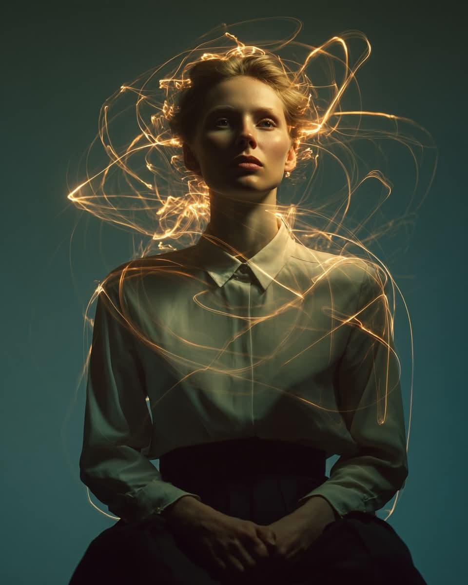 一幅电影感的艺术人像：一位神情宁静的年轻女子坐在极简木质椅子上，背景为深青色无缝摄影棚布幕，身着剪裁精致的优雅象牙色真丝上衣与高腰长裤，表情平静内敛，目光柔和，美貌恒久隽永；金色发光的轨迹如流...