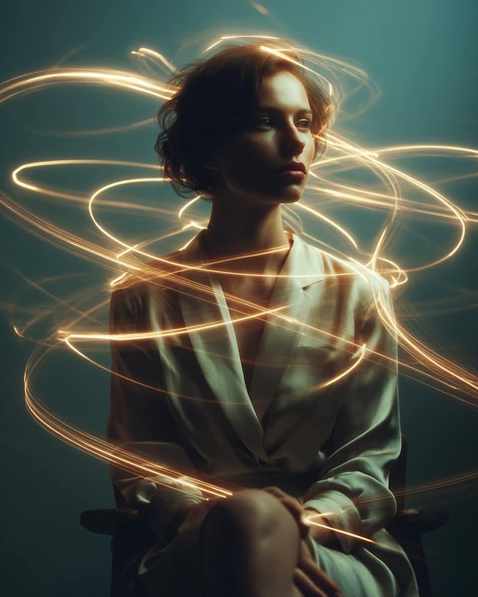 一幅电影感的艺术人像：一位神情宁静的年轻女子坐在极简木质椅子上，背景为深青色无缝摄影棚布幕，身着剪裁精致的优雅象牙色真丝上衣与高腰长裤，表情平静内敛，目光柔和，美貌恒久隽永；金色发光的轨迹如流...