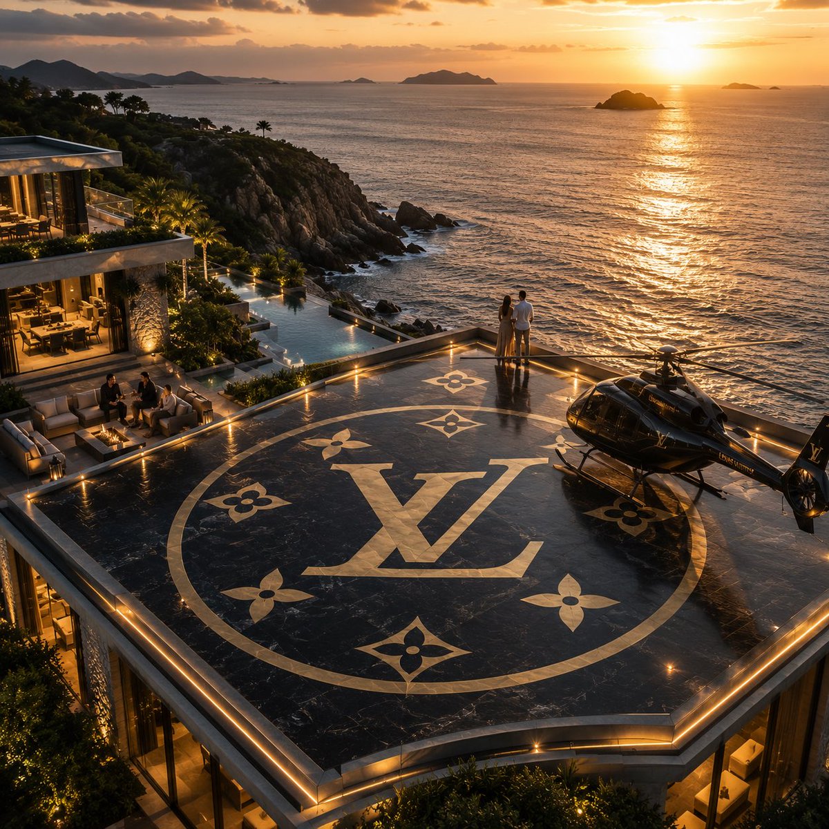 黄昏时分,一座极致奢华的现代悬崖别墅的电影级高角度鸟瞰画面,屋顶露台上设有俯瞰平静大海的大型私人直升机停机坪。停机坪表面无缝呈现一个巨大的 [BRAND LOGO],巧妙融入抛光石材或带有微妙...