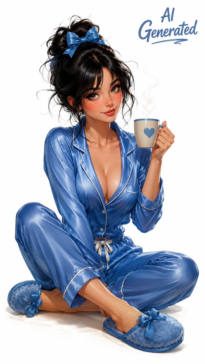 可爱漫画风格高质量,复古海报风格的女士,黑色头发,坐在地板上,穿着蓝色丝绸睡衣,凌乱的头发上戴着蓝色蝴蝶结,穿着蓝色拖鞋,手端一杯咖啡,原生 4K 渲染,50 像素,油画风格,白色背景 htt...
