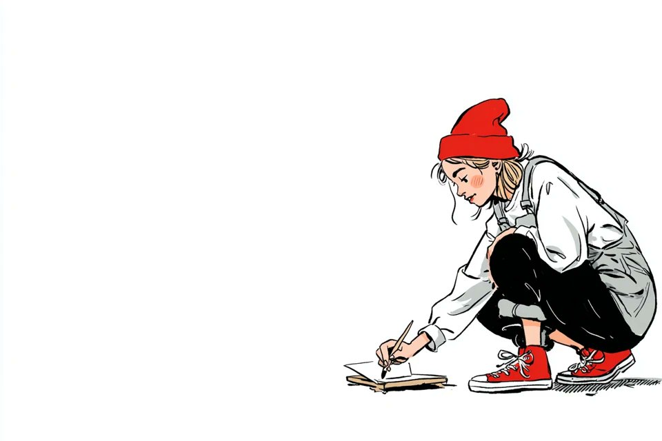 一幅简单的插画，画中是一位[subject]穿着[outfit]，[doing action]，带着[facial expression]的表情，风格参考Gemma Correll，俏皮的手绘...