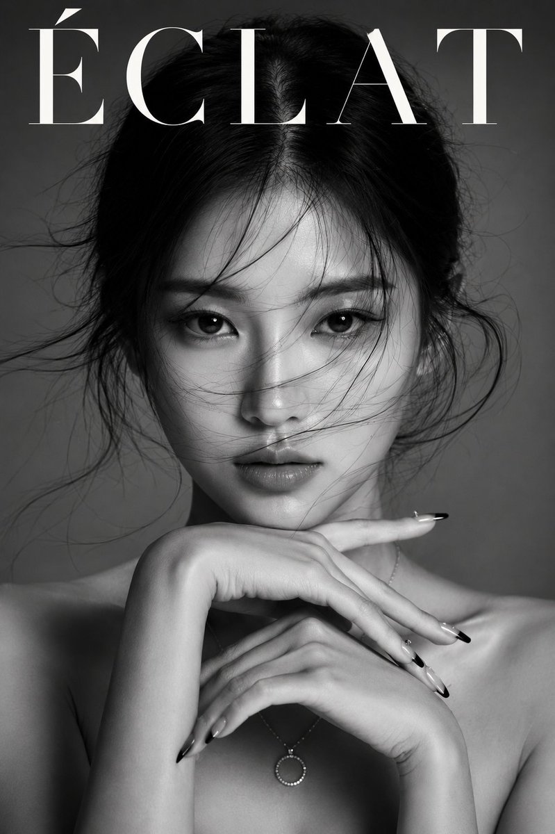 使用参考图像。创建一张垂直构图的黑白奢华美妆人像,采用居中正面姿势,裸露双肩,目光锐利自信,面部对称,杏仁形眼睛带有眼神光,自然唇色,黑色中分蓬松头发飘拂过脸部,但保持双眼可见。优雅交叉的双手...