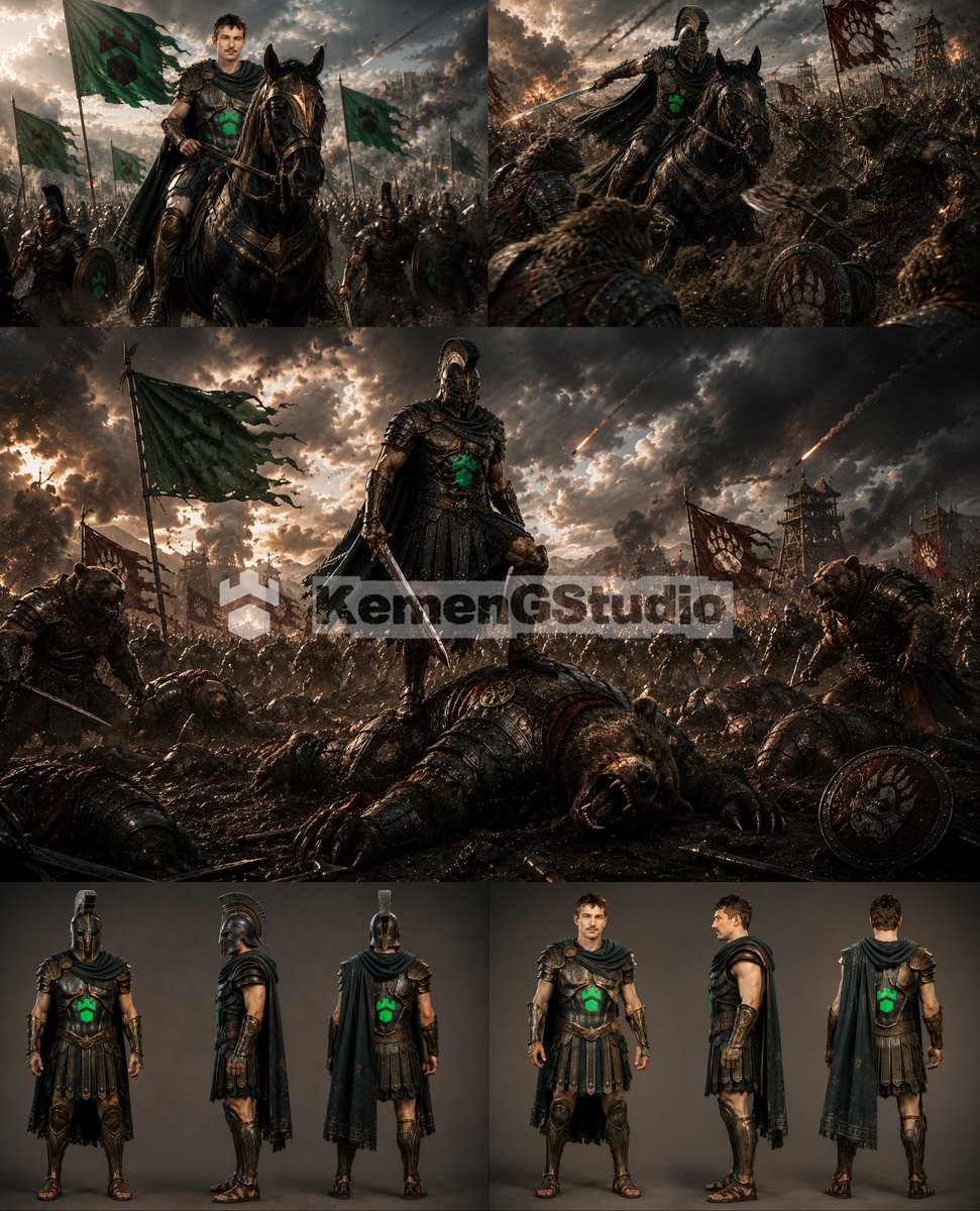 Semua prompt dibuat agar karakter tetap konsisten (dark bronze armor, green emblem, dark green c...