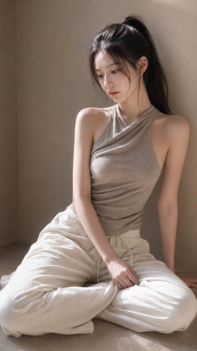 GPT Image 2 on ChatGPT Prompt ⬇️⬇️⬇️ 一位年轻成年东亚女性坐在极简室内空间的浅色微水泥地面，身体轻轻倚靠米灰色微水泥墙面。画面为中远景，从头顶至脚部附近。她...