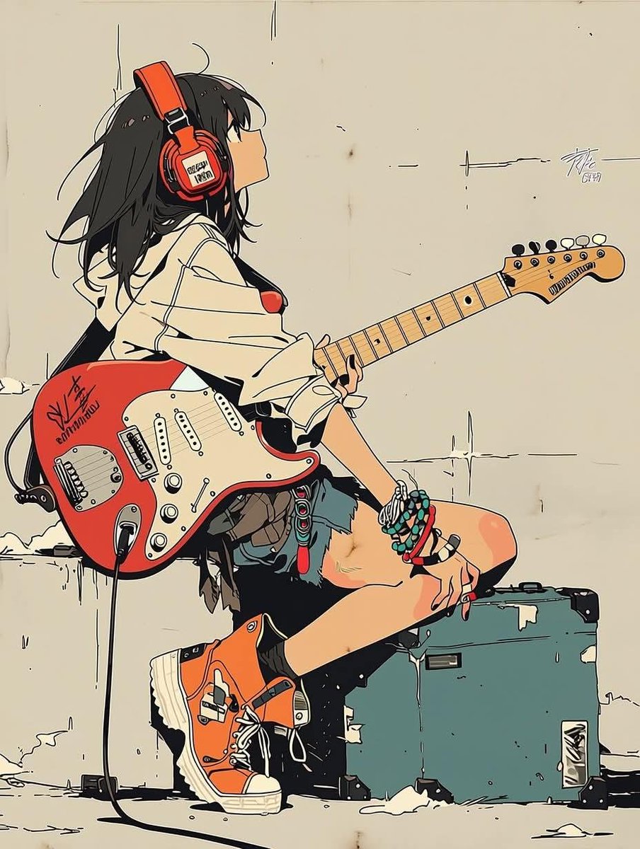 极简动漫插画：一位时髦的少女坐在一台复古吉他音箱上，弹奏着珊瑚橙色的 Fender Stratocaster 电吉他；她戴着超大红色耳机，穿着超大号米色连帽衫，搭配宽松牛仔短裤、慵懒风堆堆袜和...