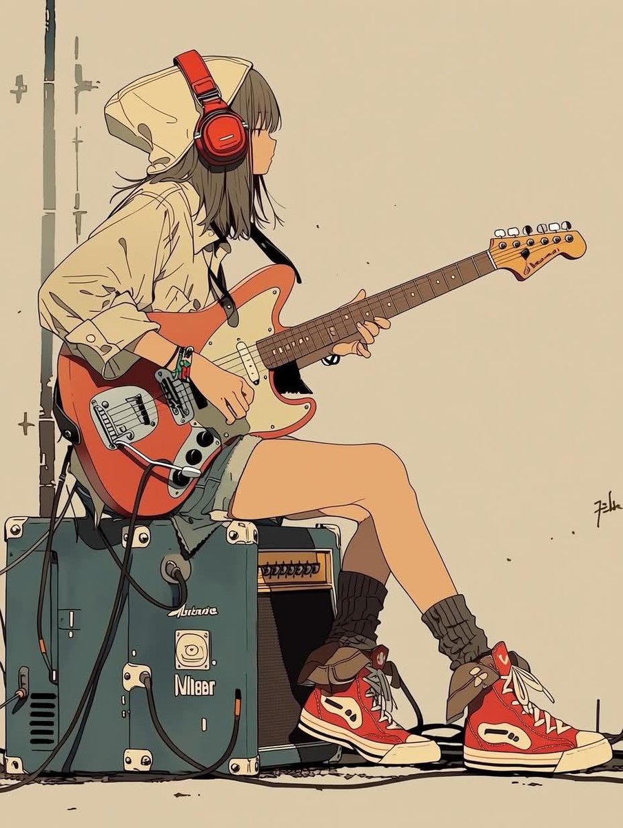 极简动漫插画：一位时髦的少女坐在一台复古吉他音箱上，弹奏着珊瑚橙色的 Fender Stratocaster 电吉他；她戴着超大红色耳机，穿着超大号米色连帽衫，搭配宽松牛仔短裤、慵懒风堆堆袜和...