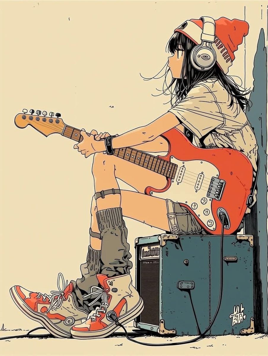 极简动漫插画：一位时髦的少女坐在一台复古吉他音箱上，弹奏着珊瑚橙色的 Fender Stratocaster 电吉他；她戴着超大红色耳机，穿着超大号米色连帽衫，搭配宽松牛仔短裤、慵懒风堆堆袜和...