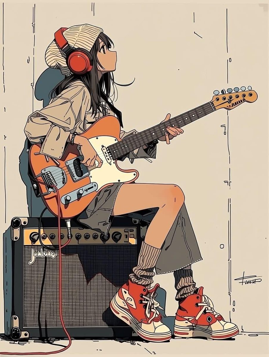 极简动漫插画：一位时髦的少女坐在一台复古吉他音箱上，弹奏着珊瑚橙色的 Fender Stratocaster 电吉他；她戴着超大红色耳机，穿着超大号米色连帽衫，搭配宽松牛仔短裤、慵懒风堆堆袜和...