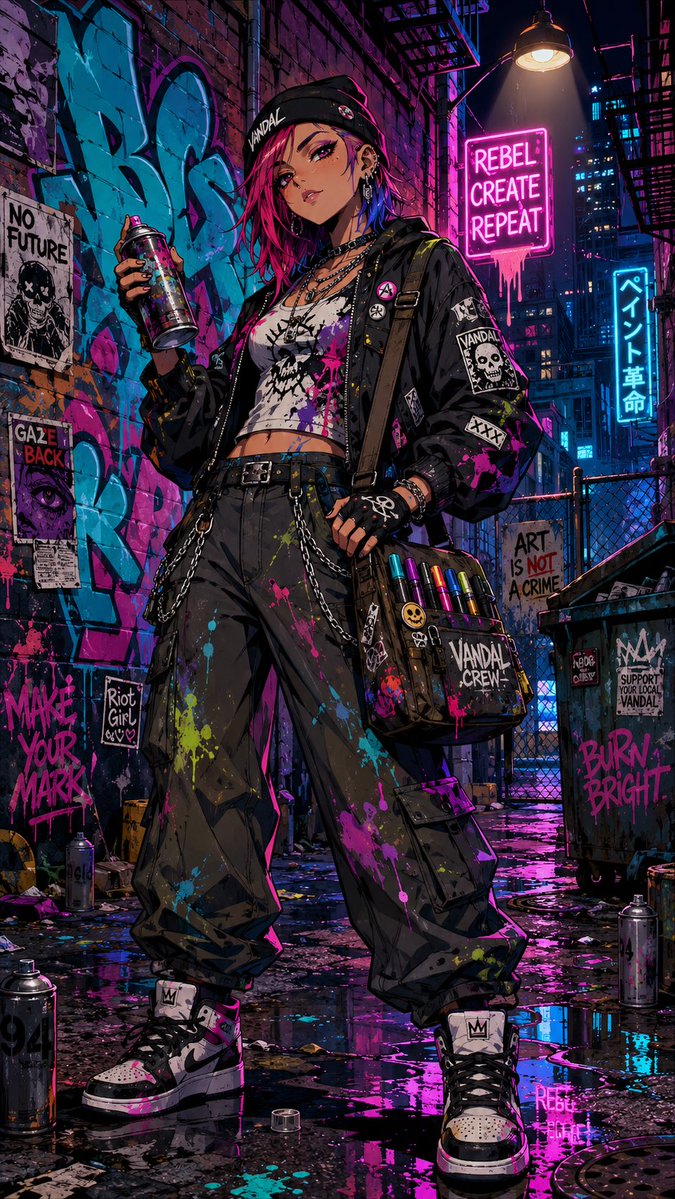 全身角色插画：一位酷感另类的女性涂鸦艺术家，自信地站立在粗犷的城市小巷中，一只手握着沾满油漆的喷漆罐，另一只手搭在一个装满油漆马克笔的定制邮差包...