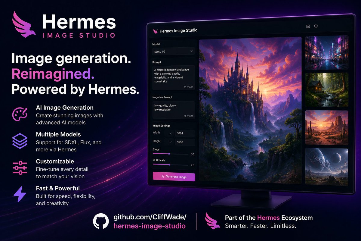 🚨 我构建了我的第一个 Hermes Agent 插件。 它叫做 Hermes Image Studio。说实话？我对此相当自豪。 下面是它的功...