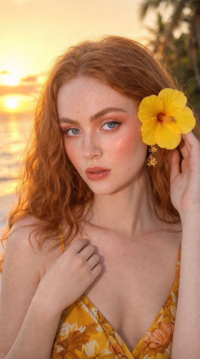 超写实 9:16 竖版特写肖像,一位成年女性在黄金时段日落时分的热带海滩旁摆姿。她拥有浓密、波浪状的自然铜红色长发,带有柔和发光的飞舞发丝;瓷白...