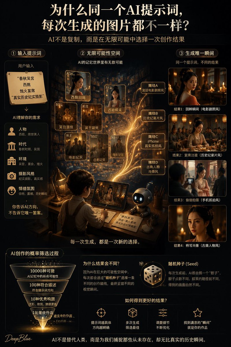 【AI创作解析图 · 随机生成的瞬间】 高级科普信息图设计，主题为“为什么同一个AI提示词，每次生成的图片都不一样？”，将AI文生图过程视觉化为一个AI画家的随机创作旅程。 整体构图：竖版9:...