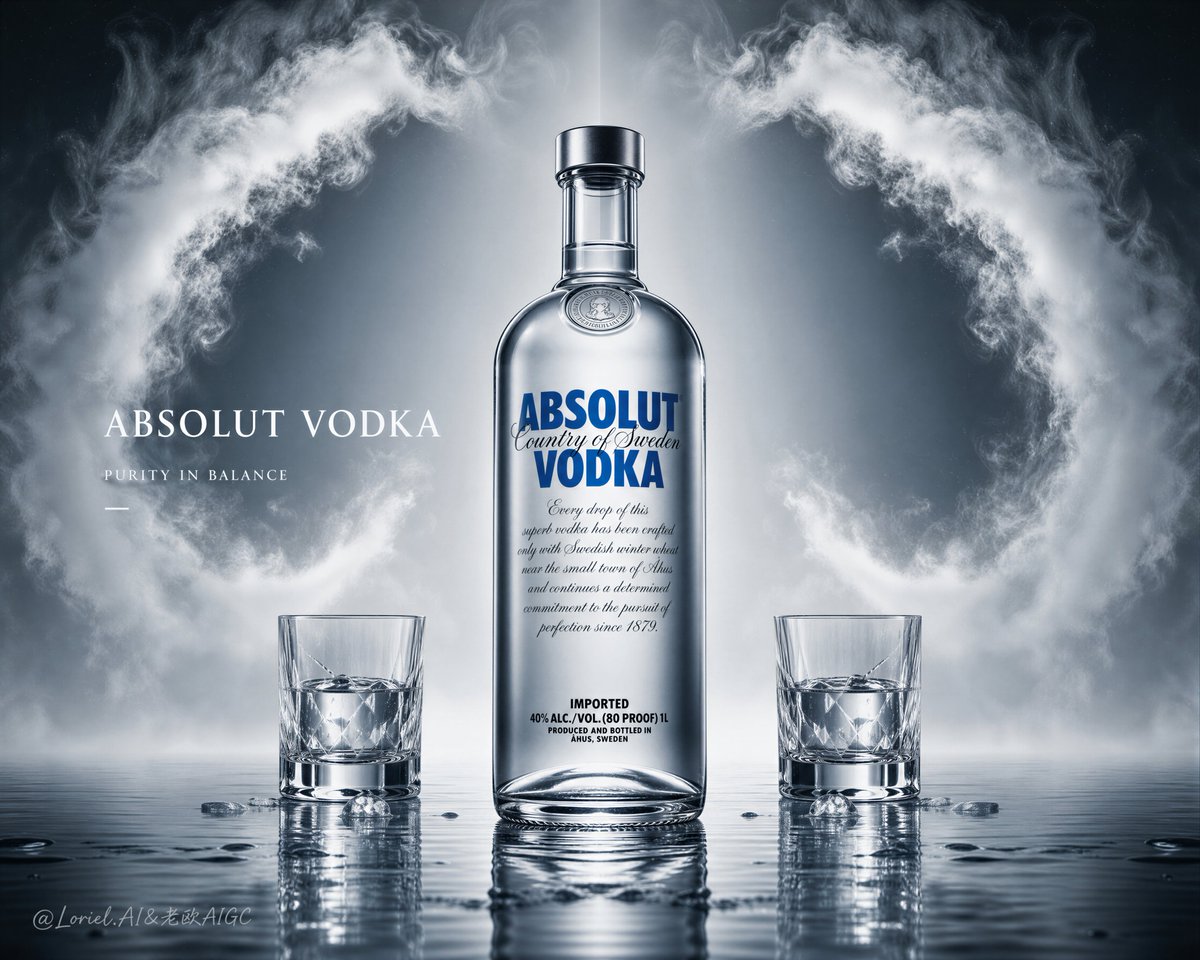 为绝对伏特加（Absolut Vodka）创作一张超高端的平面广告，采用完美对称的左右分屏构图与极简叙事环境。成品必须以一瓶标志性的绝对伏特加酒...