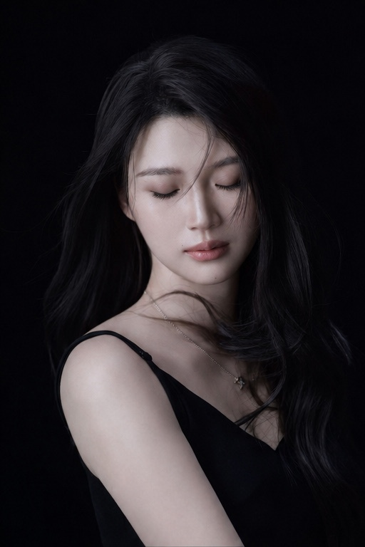 一位年轻成年东亚女性站在纯黑色摄影棚背景前，画面为近景到半身肖像，人物位于中央略偏右。身体以三分之二侧身朝向画面左侧，左肩更靠近镜头，头部轻轻回转看向镜头，形成安静自然的侧身回眸。头部略微向右...