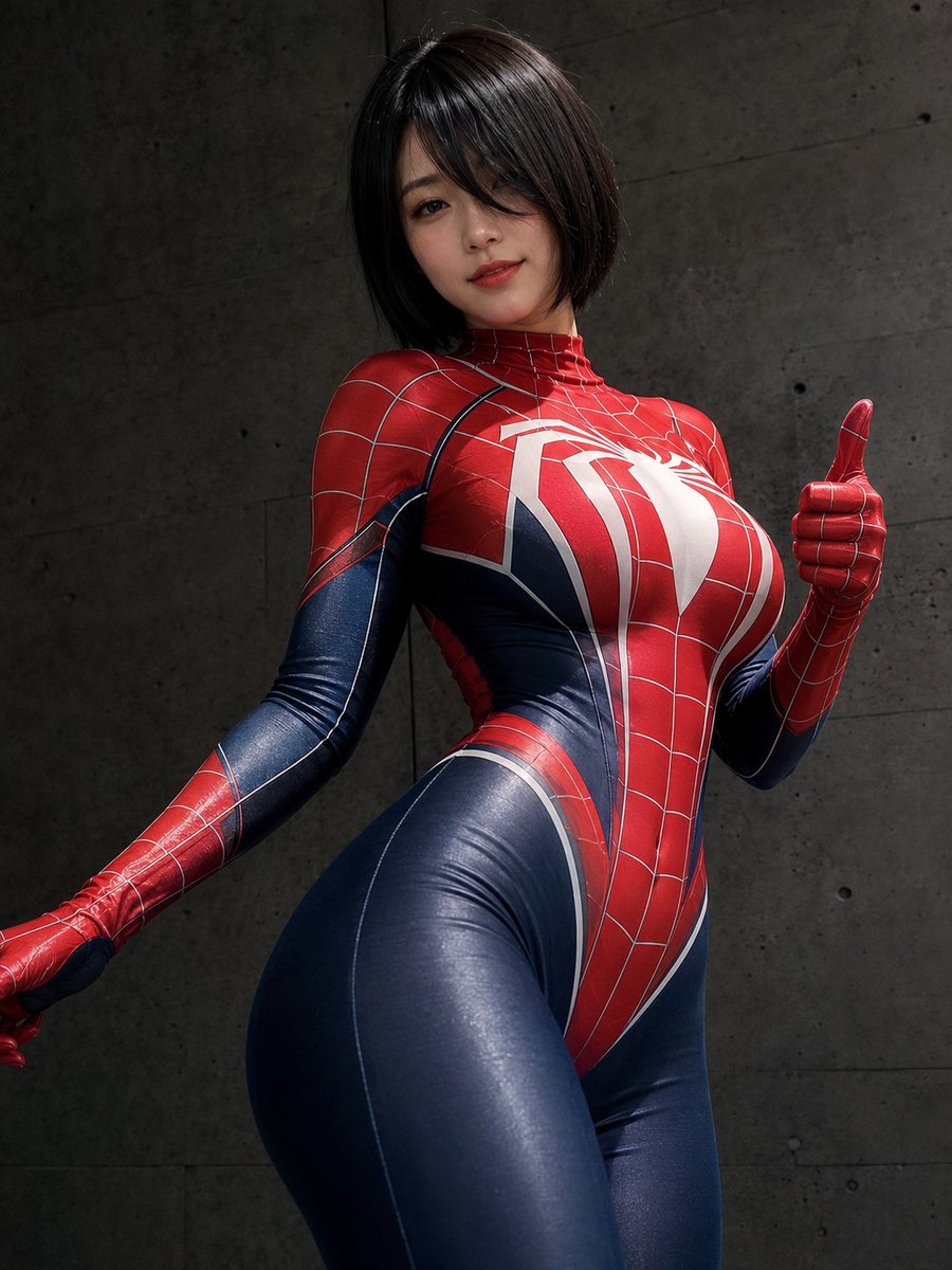 蜘蛛侠女郎🕷 GPT-image 2 提示词 👇 创作一张写实风格的 3:4 低角度角色扮演肖像，画面中一位美丽的成年东亚女性站在深灰色混凝土墙前。她面容精致甜美，皮肤白皙，唇色柔和泛红，眼线...