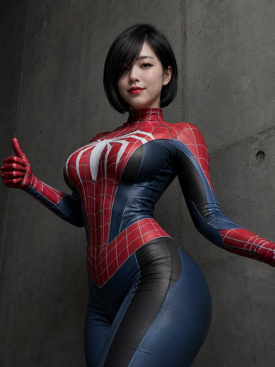 蜘蛛侠女郎🕷 GPT-image 2 提示词 👇 创作一张写实风格的 3:4 低角度角色扮演肖像，画面中一位美丽的成年东亚女性站在深灰色混凝土墙前。她面容精致甜美，皮肤白皙，唇色柔和泛红，眼线...