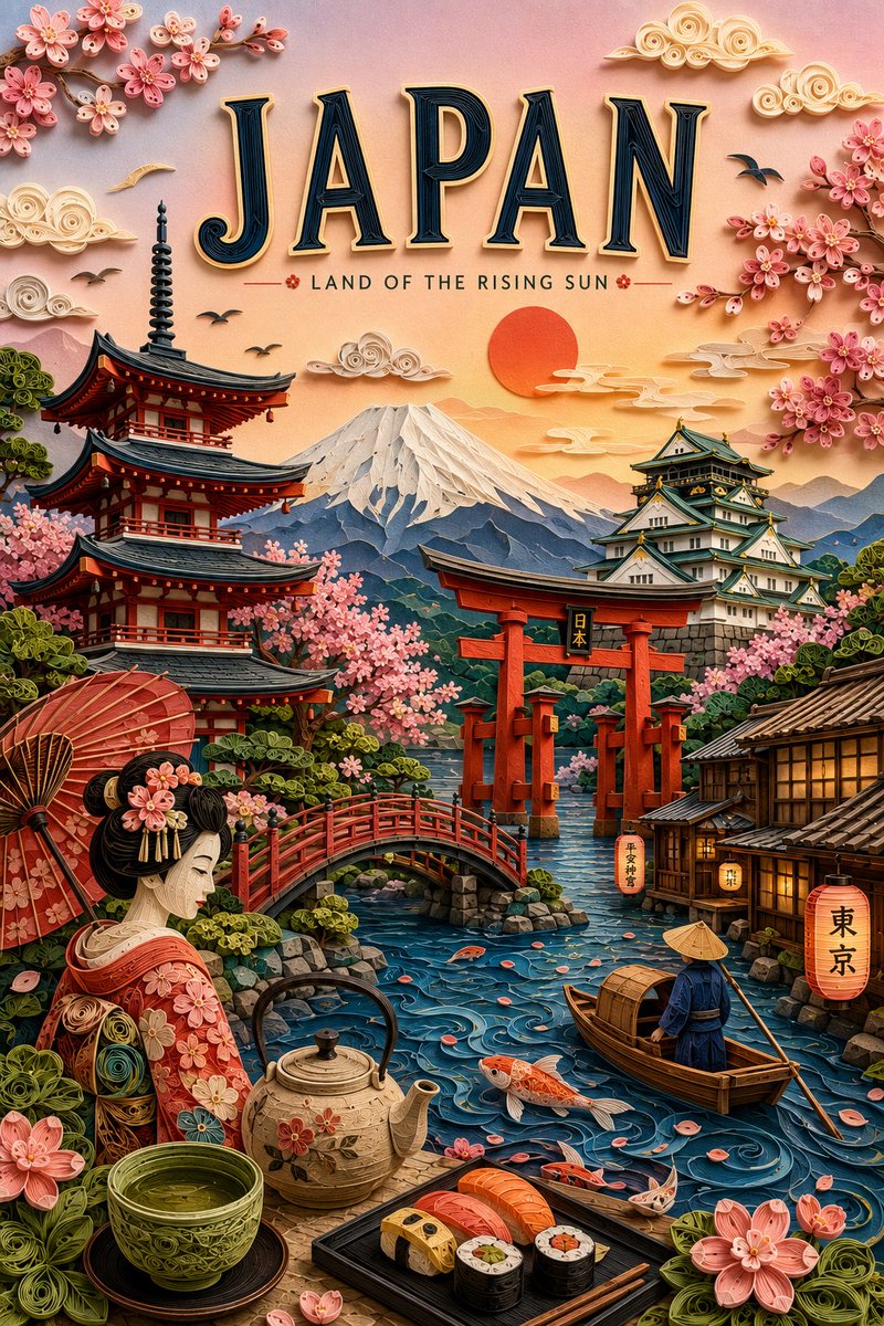 为{DESTINATION}创作一张优雅的3D衍纸工艺（paper quilling）与多层纸质手工艺旅行海报，呈现高端复古旅行剪贴簿风格。艺术化地再现该目的地最具标志性的地标、建筑、风景、文...