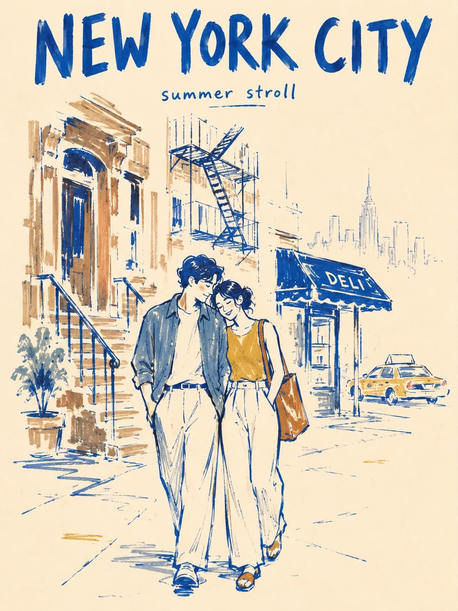 创作一张纵向 3:4 的极简马克笔旅行海报，主题为 NEW YORK CITY，底色为温暖的象牙白纸张。 风格： 采用粗粝、不完美的编辑插画式马克笔风格，带有现代民间艺术气息。用粗厚、略带不均...