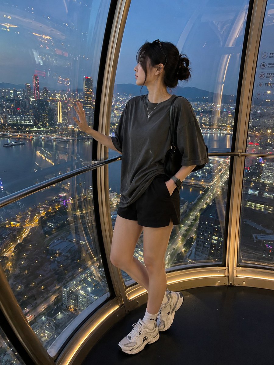 使用参考图中同一位韩国女性。精确保留她的面部特征。 画面比例：3:4 一张由 iPhone 16 Pro 拍摄的极致真实感的抓拍照片，场景为蓝调时刻现代豪华摩天轮轿厢内。轿厢采用落地弧形高透玻...