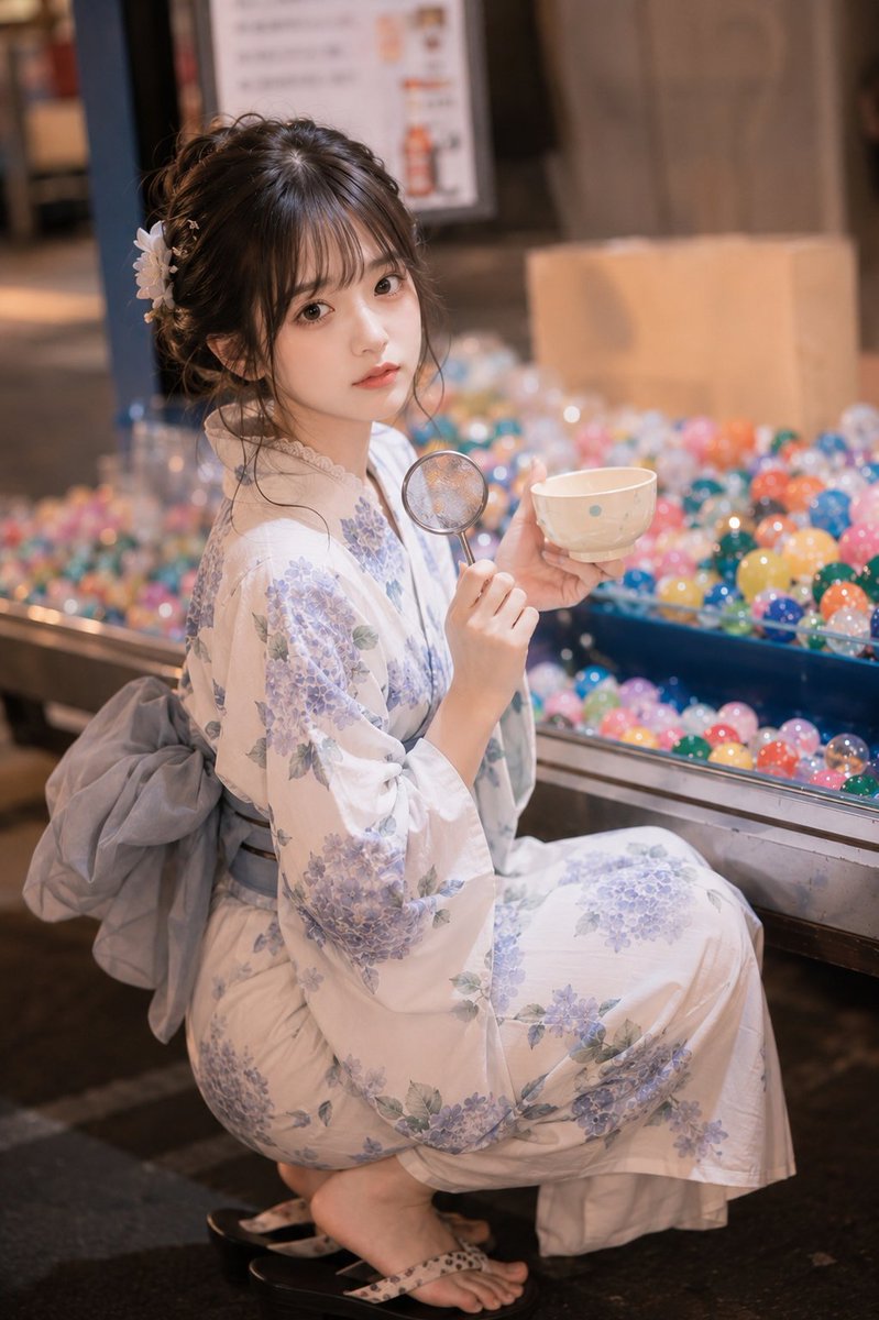 主题： 捕获夏色 主体： 纵向3:4的照片。画面的中央偏左位置，安置一位在日本夏祭缘日的水槽前蹲下的年轻女性，水槽中漂浮着五颜六色的水气球。人物全身约八成入镜，右侧大面积展示水槽和多彩的水气球...