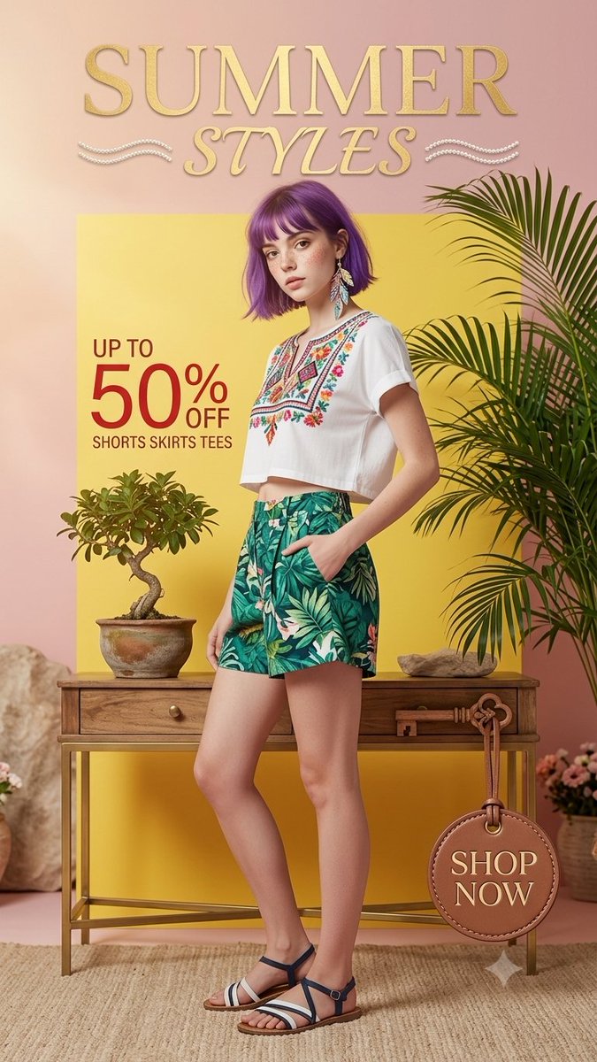 一幅充满活力的夏季时尚编辑人像，画面中有一位留着紫色波波头发型的年轻女性，她脸上有雀斑，戴着羽毛耳环。她身穿一件刺绣白色短款上衣，搭配热带叶纹印花短裤，姿态生动，一只手插在口袋里。构图是全身四...