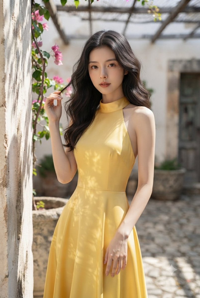 一个优雅的中景镜头：一位身姿曼妙的年轻女子，长长的深色波浪卷发如瀑布般垂落，神情宁静祥和，站在沐浴着阳光的地中海庭院中。她身着一袭色彩鲜艳的高领黄色挂脖式及膝连衣裙，剪裁有型的紧身上衣搭配飘逸...