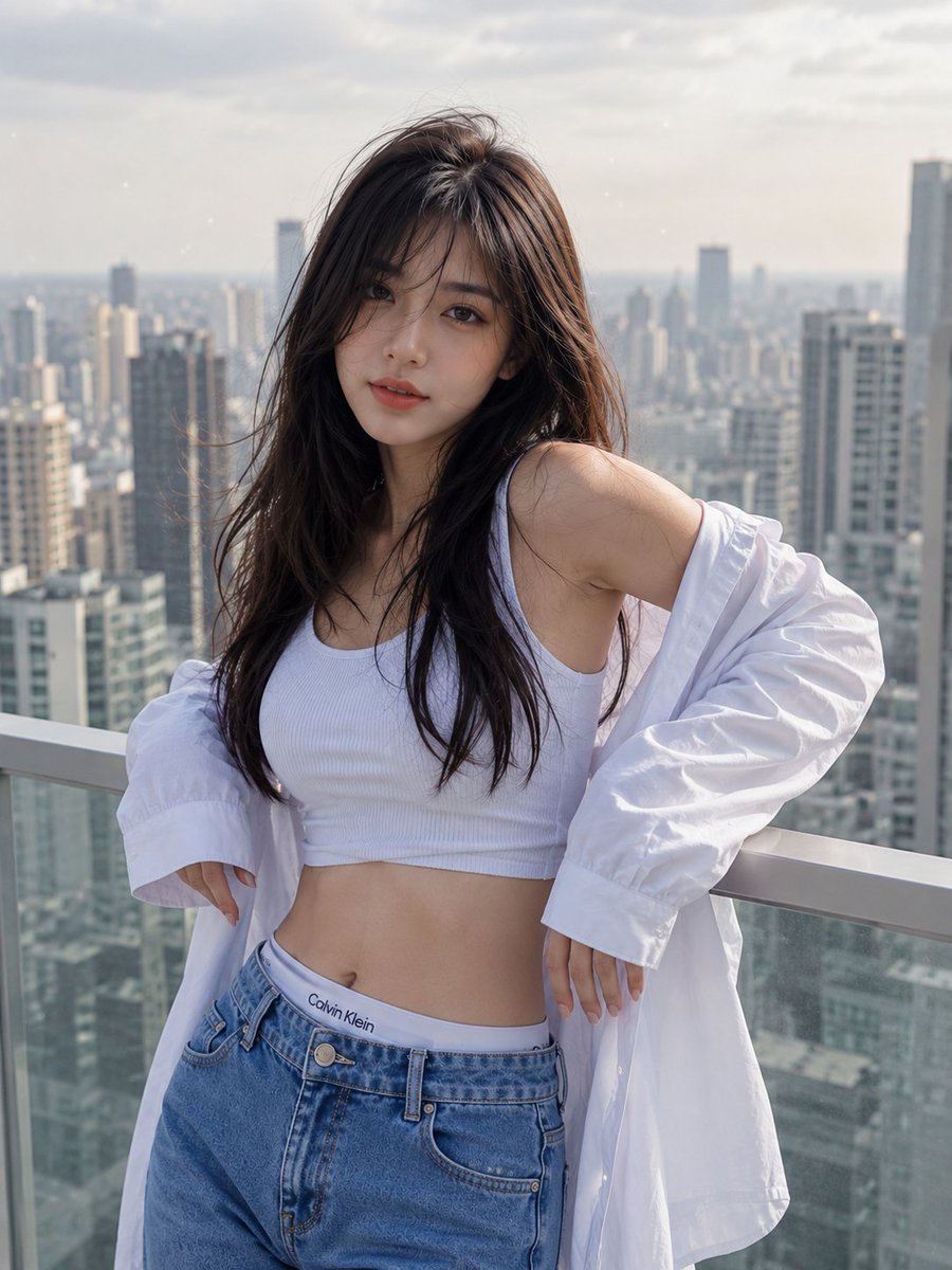 超写实肖像：一位美丽的年轻东亚女性站在高层公寓阳台上，柔和日光下俯瞰现代城市天际线。她留着一头略带凌乱的深棕色长发，妆容自然，表情平静，直视镜头。她身穿白色罗纹短款上衣，浅蓝色牛仔裤，腰间可见...