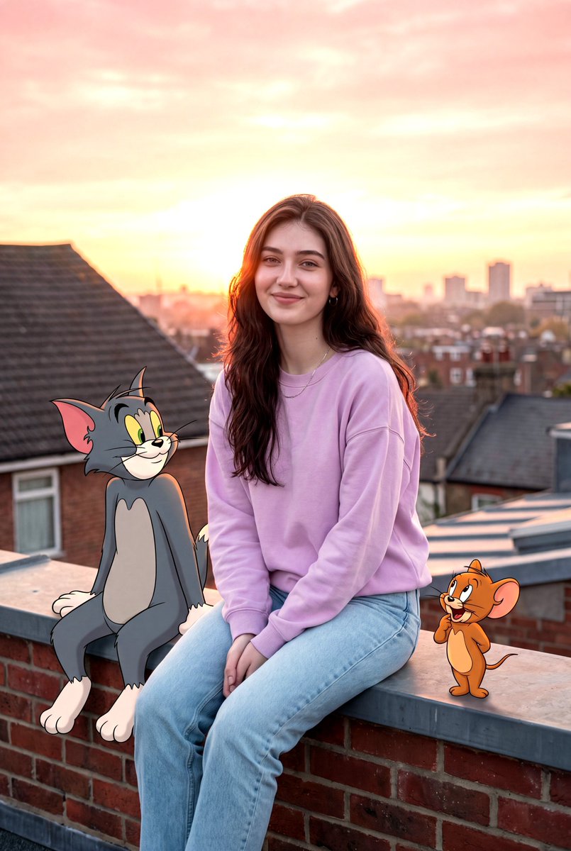 创作一个温馨的、写实电影质感的场景：我舒适地坐在屋顶上，Tom 和 Jerry 陪伴在身旁，背景是美丽的粉橙色日落。我以真实人物的形象出现，拥有自然的皮肤质感、写实的面部细节、真实的光照和逼真...