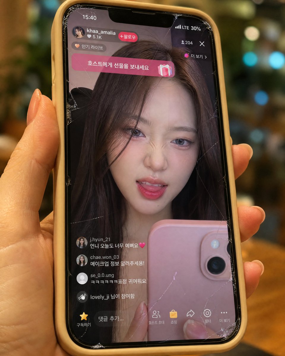 完全保留参考图片中韩国女性的面孔——不要改变她的脸型、眼睛、鼻子、嘴唇、比例、肤质或整体身份。制作一张超写实的9:16特写，画面中是一只从右侧伸出的右手握着的米色硅胶壳iPhone，占据画面大...