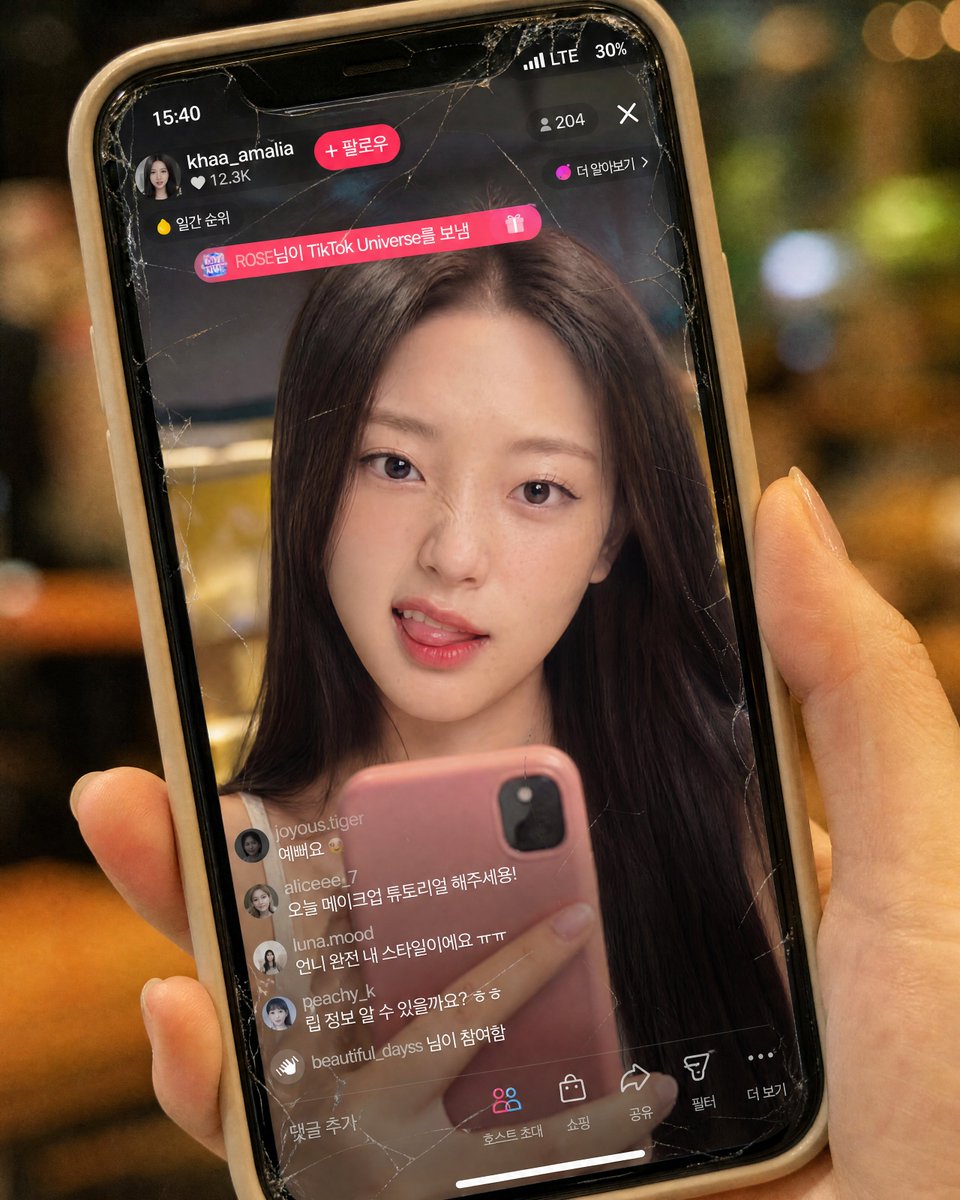 完全保留参考图片中韩国女性的面孔——不要改变她的脸型、眼睛、鼻子、嘴唇、比例、肤质或整体身份。制作一张超写实的9:16特写，画面中是一只从右侧伸出的右手握着的米色硅胶壳iPhone，占据画面大...