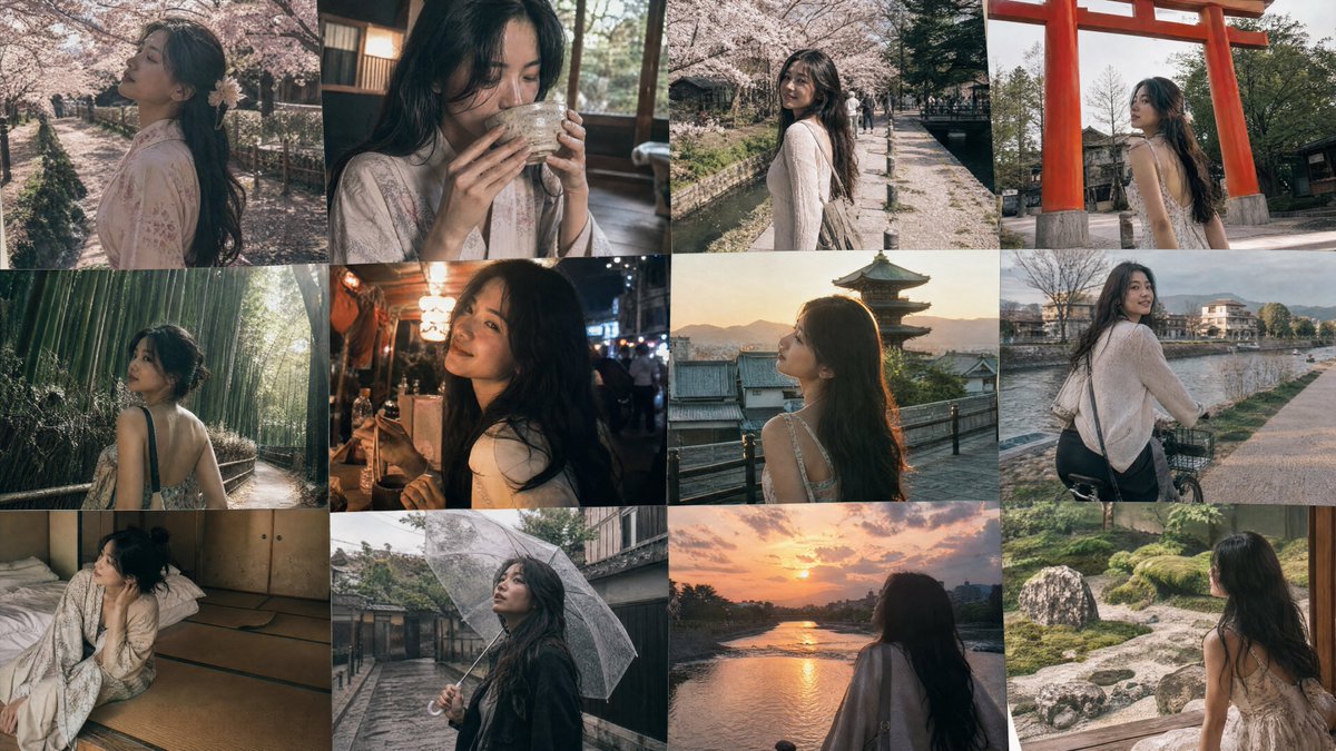 一张 12 帧拼贴照片,记录一位 25 岁越南年轻女子在日本京都樱花季独自旅行时的随性、充满情感的抓拍瞬间。她留着深色长波浪卷发,肤色暖棕,眼睛是富有表现力的杏仁眼。每帧画面都如同转瞬即逝的个...