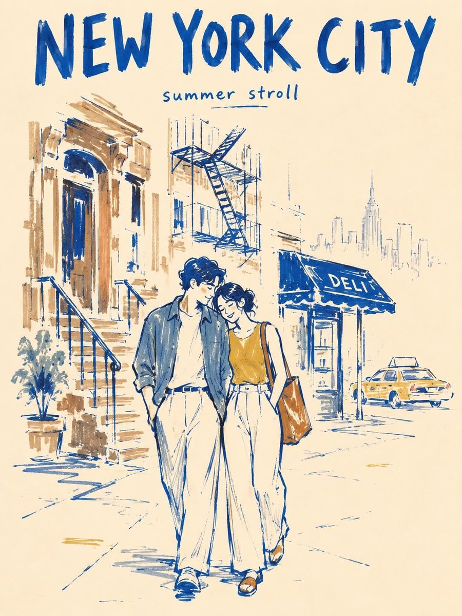 创作一幅竖版 3:4 比例的极简马克笔旅行海报，主题为纽约市（NEW YORK CITY），底色为温暖的象牙白纸。 风格： 采用粗犷、不完美的编辑风马克笔插画风格，带有现代民间艺术气息。使用粗...