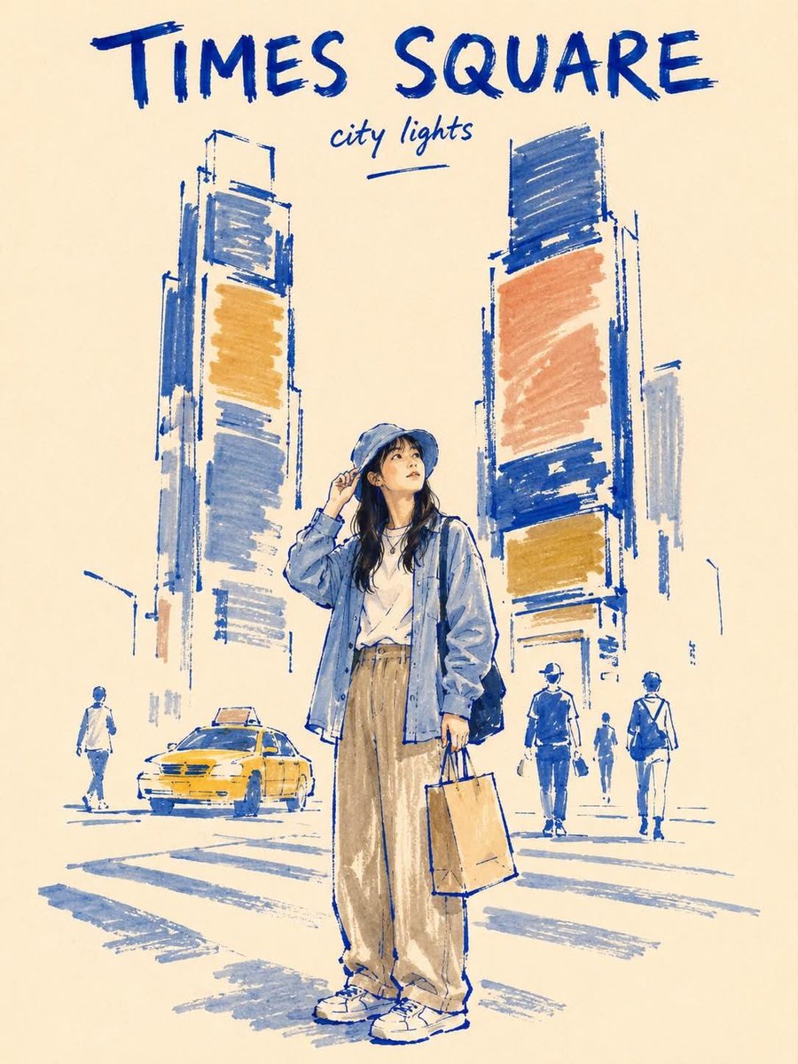 创作一幅竖版 3:4 比例的极简马克笔旅行海报，主题为纽约市（NEW YORK CITY），底色为温暖的象牙白纸。 风格： 采用粗犷、不完美的编辑风马克笔插画风格，带有现代民间艺术气息。使用粗...