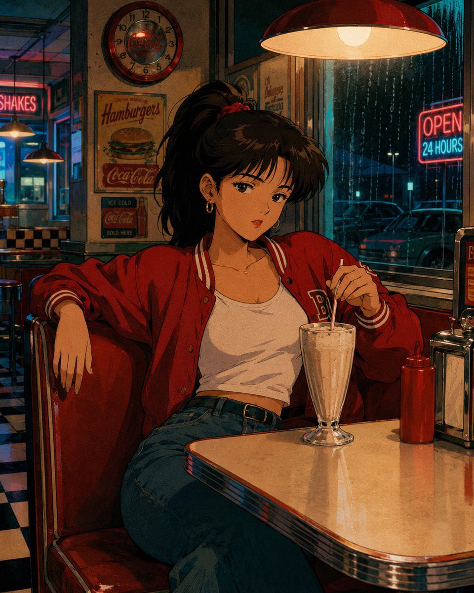 一幅怀旧的1980年代至1990年代日本动漫电影感插画，高度精细的手绘背景，温暖的金色时刻与霓虹灯光，柔和的胶片颗粒感，若隐若现的水彩质感，比例自然、眼神细腻的表现派动漫角色，写实的建筑与室内...
