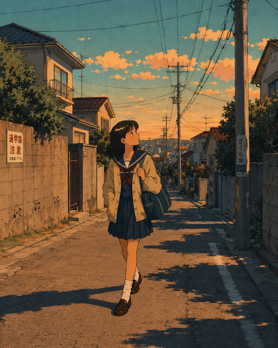 一幅怀旧的1980年代至1990年代日本动漫电影感插画，高度精细的手绘背景，温暖的金色时刻与霓虹灯光，柔和的胶片颗粒感，若隐若现的水彩质感，比例自然、眼神细腻的表现派动漫角色，写实的建筑与室内...