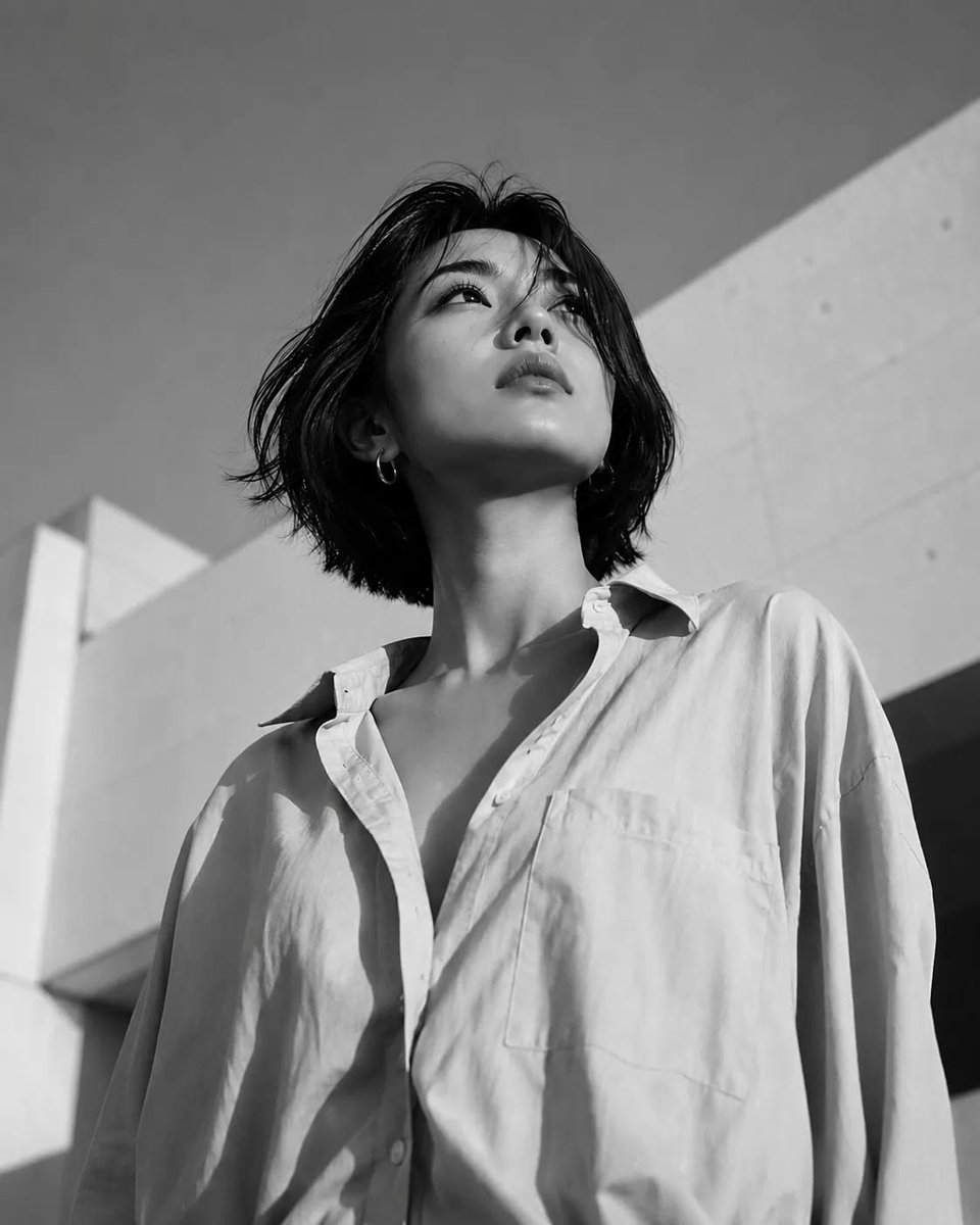 东亚女性短黑波波头发型的低角度时尚编辑大片，若有所思地向上凝视。她穿着一件宽松的超大浅蓝色纽扣衬衫，领口敞开。温暖的金色时刻阳光在她的脸部和颈部投下柔和的阴影。小巧的金色圈形耳环。背景是晴朗天...