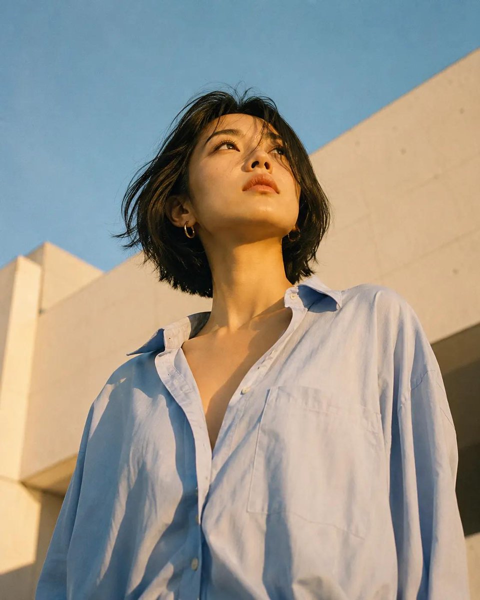 东亚女性短黑波波头发型的低角度时尚编辑大片，若有所思地向上凝视。她穿着一件宽松的超大浅蓝色纽扣衬衫，领口敞开。温暖的金色时刻阳光在她的脸部和颈部投下柔和的阴影。小巧的金色圈形耳环。背景是晴朗天...