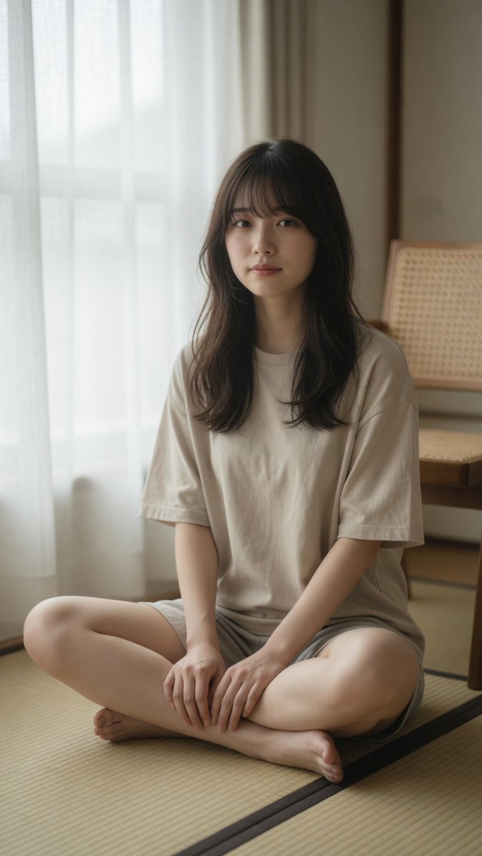 一位美丽的年轻日本女性，二十岁出头，盘腿坐在传统的榻榻米地板上，柔和的自然日光从左侧带白色薄纱窗帘的大窗户照进来，身穿宽松的米色短袖T恤和浅灰色短裤，赤脚，长长的深棕色头发配柔和的刘海垂落在肩...