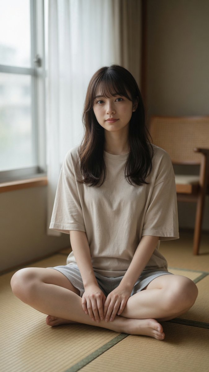一位美丽的年轻日本女性，二十岁出头，盘腿坐在传统的榻榻米地板上，柔和的自然日光从左侧带白色薄纱窗帘的大窗户照进来，身穿宽松的米色短袖T恤和浅灰色短裤，赤脚，长长的深棕色头发配柔和的刘海垂落在肩...