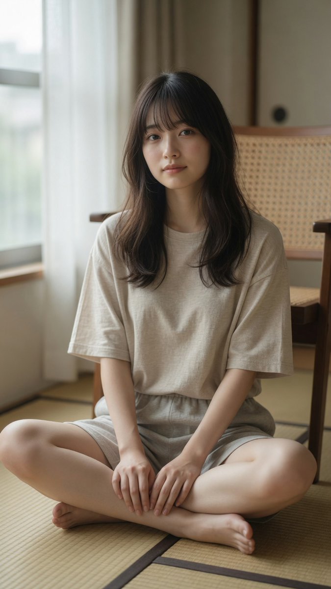 一位美丽的年轻日本女性，二十岁出头，盘腿坐在传统的榻榻米地板上，柔和的自然日光从左侧带白色薄纱窗帘的大窗户照进来，身穿宽松的米色短袖T恤和浅灰色短裤，赤脚，长长的深棕色头发配柔和的刘海垂落在肩...