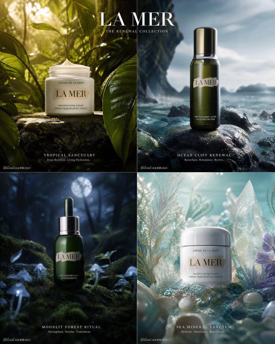 廉价美妆广告，重复相同的森林背景，产品焦点弱，卡通植物，嘈杂的奇幻特效，塑料包装，色彩过度饱和，人工照明，通用护肤品广告风格，画面杂乱堆砌，幼稚的仙女审美，低细节水滴，过度装饰的奇幻背景