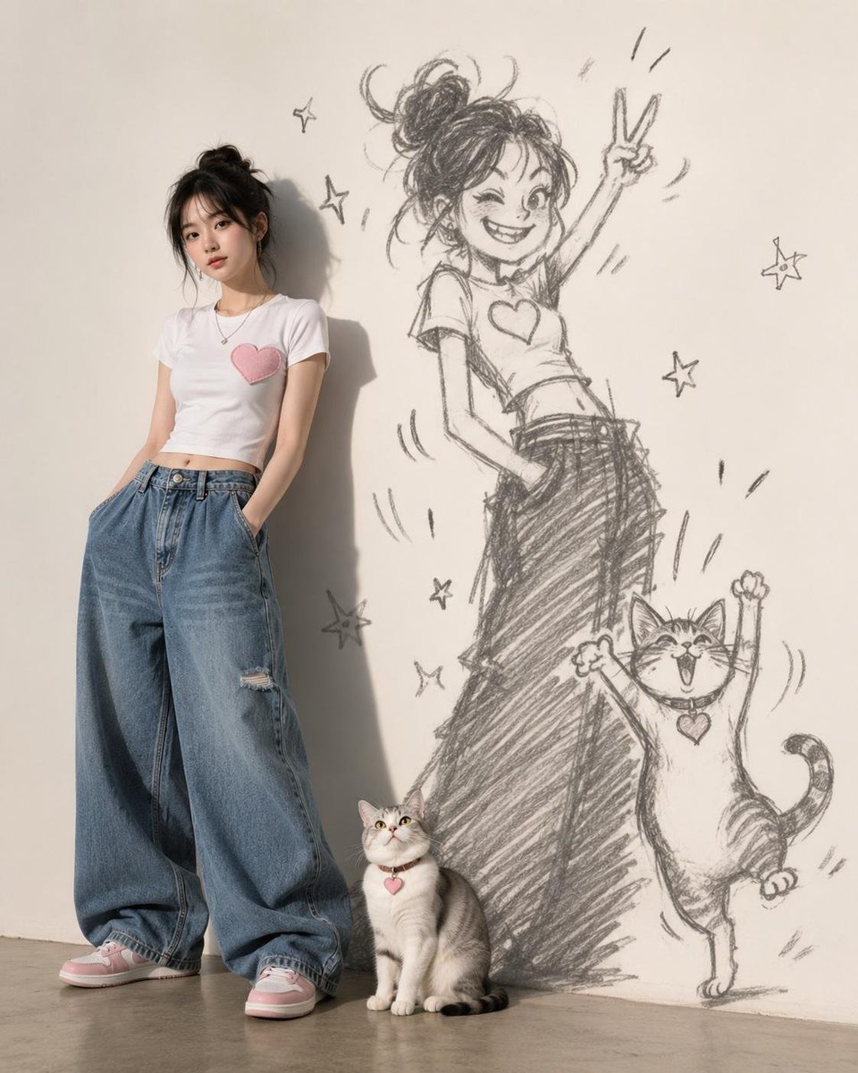 俏皮的手绘影子模仿着一只猫和一位20岁韩国女性有趣的姿势，用活泼、富有表现力的角色特征来夸张地展现它们的个性。 这位女性代表着韩国MZ世代中时尚又年轻的成员，身穿时髦而现代的服饰，安静地、一动...