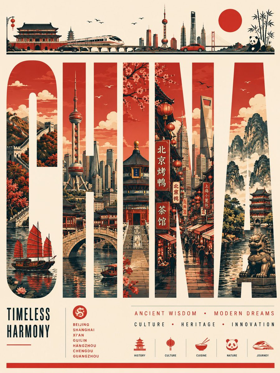 高级矢量旅行海报，(county) 使用超大加长粗体无衬线字体排版，字母内部嵌入连续的 COUNTRY 全景画面：寺庙、BTS 轻轨、市场、桥梁、河道船只、霓虹街道、咖啡馆、热带都市风光。平面...