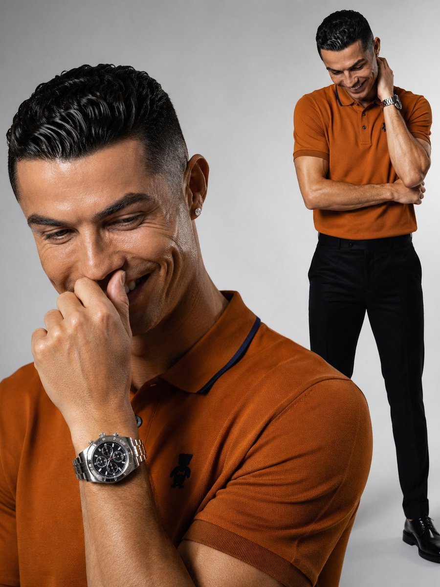 超写实高端时尚编辑棚拍人像，主体为克里斯蒂亚诺·罗纳尔多（Cristiano Ronaldo），以无缝浅灰色背景呈现，塑造高端奢华广告大片质感。...