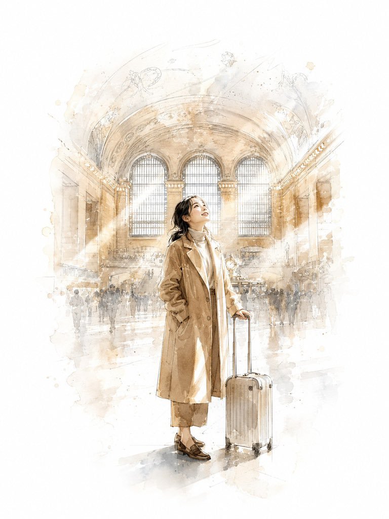 一幅精致的水彩与浓郁墨韵交织的插画，描绘一位20多岁的韩国年轻女性在纽约旅行，她站在渡轮甲板上，远处自由女神像在身后矗立。她一只手扶着栏杆，长发和浅色风衣被港口微风轻轻吹起，仰起头露出明亮而欣...