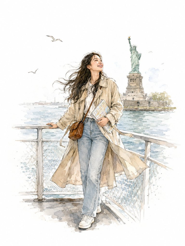 一幅精致的水彩与浓郁墨韵交织的插画，描绘一位20多岁的韩国年轻女性在纽约旅行，她站在渡轮甲板上，远处自由女神像在身后矗立。她一只手扶着栏杆，长发和浅色风衣被港口微风轻轻吹起，仰起头露出明亮而欣...