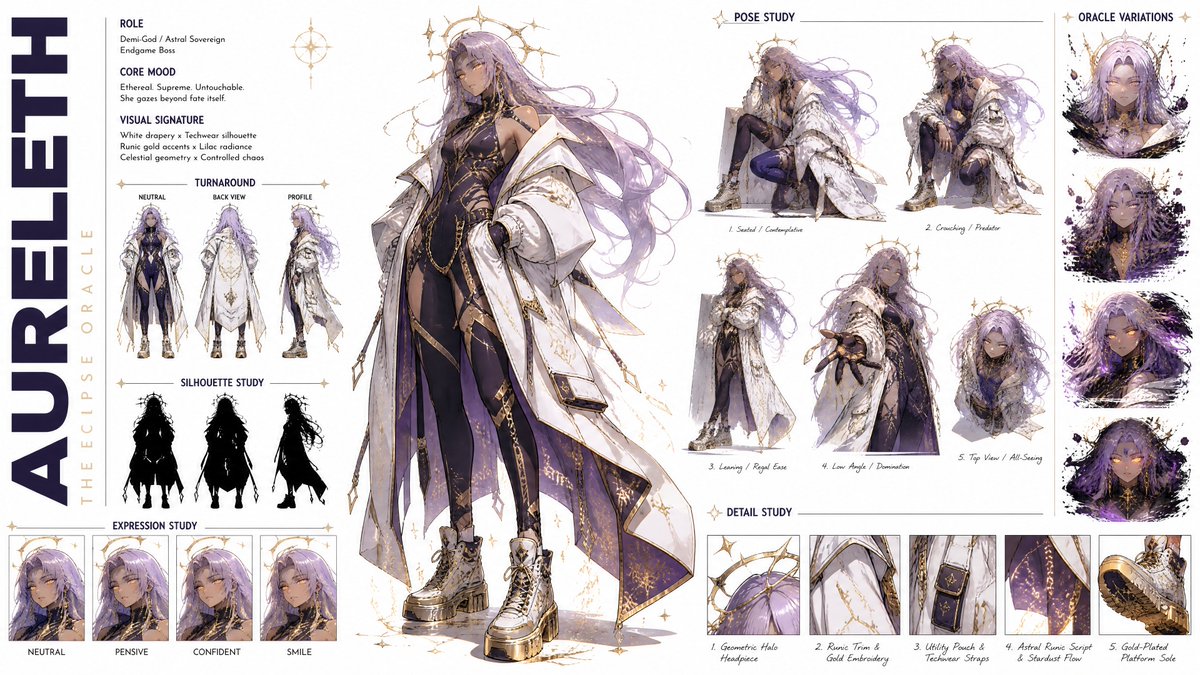 在纯白背景上以 16:9 宽屏布局创建一份高级、现代高端时尚的 CHARACTER CONCEPT ART SHEET（角色概念设定图），严格遵循以下精确的结构化构图与视觉美学： [STYLE...